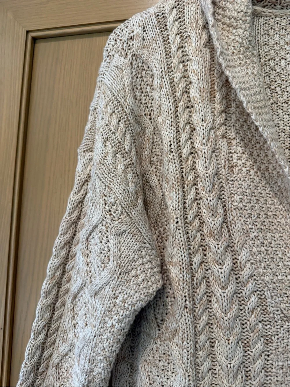 Lauren Ralph Lauren Cream Heather Cable-Knit V-Neck Hoodie Sweater Cotton LG - Picture 4 of 12